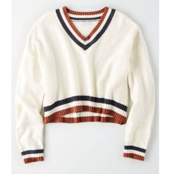 American Eagle Outfitters Cream V-Neck Cropped Sweater Stripes Size XS - Picture 2 of 7